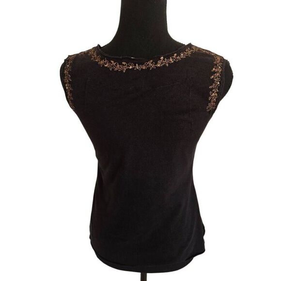 Yoana Baraschi Womens Sleeveless Sequin Detailed Split Neck Tank Top Black Small - Picture 5 of 12